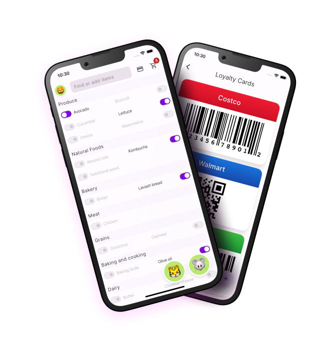 Screenshot of the Grocery List Pro mobile app displaying a list of items, a search bar at the top, buttons for loyalty cards and shopping cart, and a member avatar on the screen.